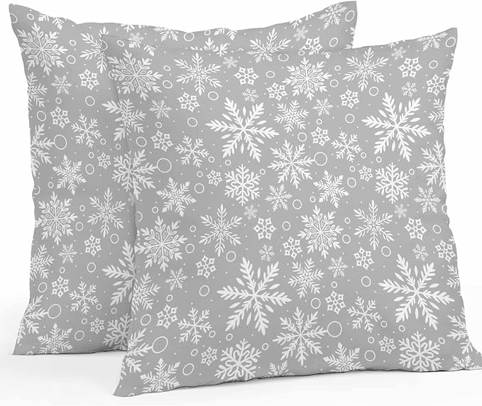 Outdoor Waterproof Throw Pillow Covers, Merry Christmas and Happy New Year Winter Snowfalke Geometric Pattern Gray Pillowcases Cushion Covers Cases for Patio Couch Bench, Pack of 2 Square, 20X20 Inch