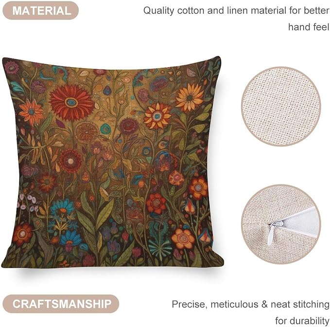 Cushion Pillow Cover Oil Painting Colorful Garden Flowers Linen Cushion Case Flowers Spring Pillow Protectors with Zipper Standard Size 18"x18" for Couch Sofa Bed Cutton Linen Cushion Cases