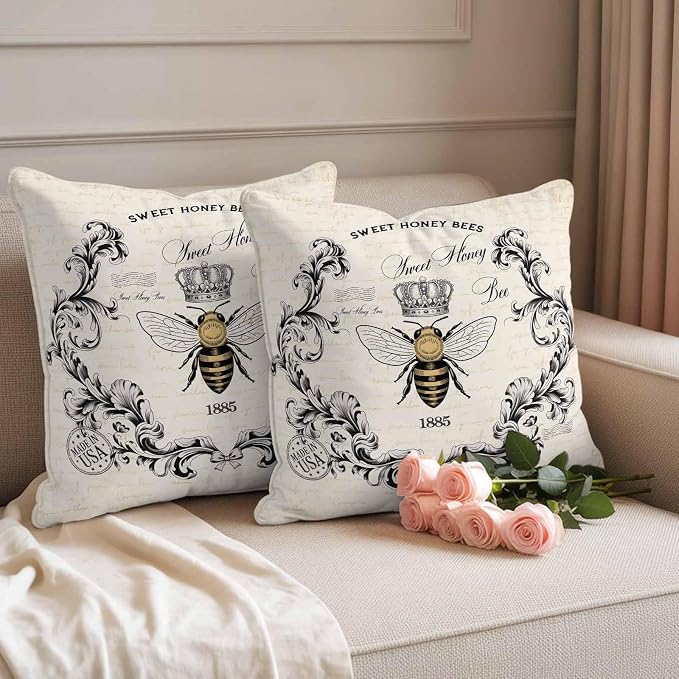 Outdoor Waterproof Throw Pillow Covers Set of 2 Sweet Honey Bees Pillowcases 16x16 Inches Floral Crown Wreath Vintage Decorative Pillows Cushion Case Patio Pillows for Couch Bed Chair Garden