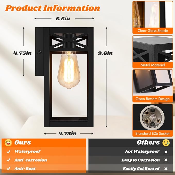 Outdoor Wall Light Fixtures, Black Exterior Waterproof Lanterns, 2-Pack | Porch Light with Glass Shade, Sconces Wall Mount Lighting with E26 Socket, Anti-Rust Wall Lamps for Patio Front Door Entryway