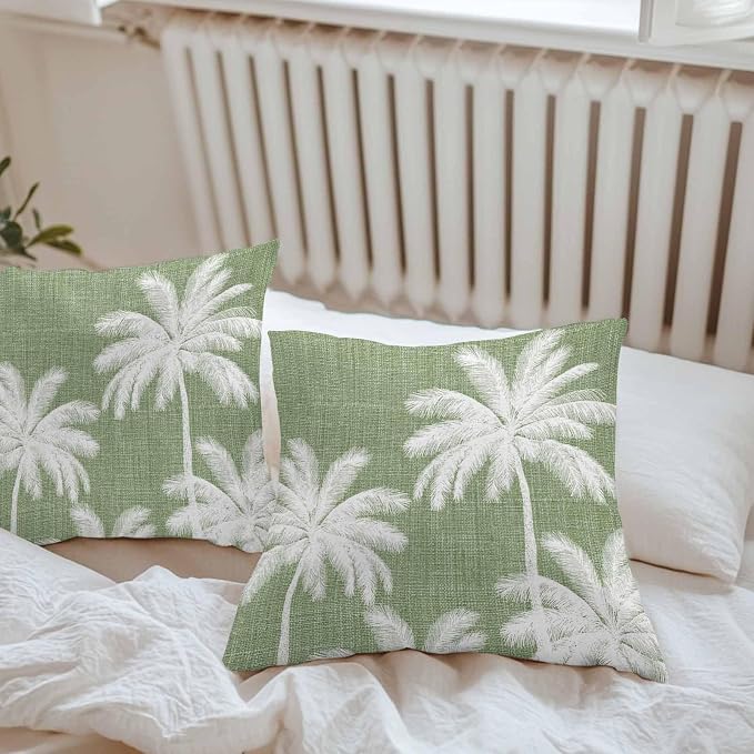 Outdoor Pillow Covers 16x16 Inch Set of 2, Dark Sage Green Palm Trees Waterproof Throw Pillow Covers, Tropical Summer Beach Decorative Cushion Pillowcases for Couch, Sofa, Bed, Garden, Patio