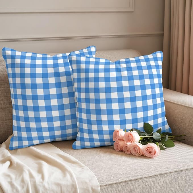Sky Blue Checks Outdoor Pillow Covers 16"x16" Set of 2, White Gingham Plaid Abstract Modern Coastal Waterproof Throw Pillow Covers for Patio Furniture, Decorative Cushion Covers for Porch