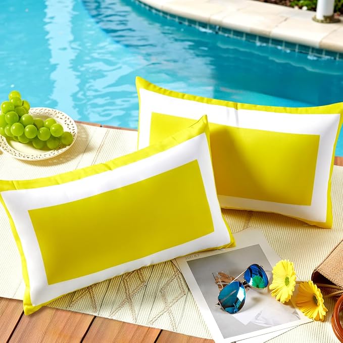 JOJOGOGO 12x20 Mustard Yellow Outdoor Lumbar Pillow Covers Waterproof & Sunproof Set of 2, White and Yellow Outdoor Decorative Lumbar Pillows for Patio Furniture and Porch Decor(Without Inserts)