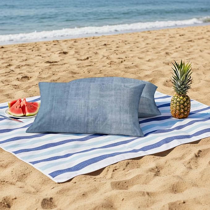 Vandarllin Outdoor Throw Pillows Covers 20x12 inch Set of 2 Waterproof Blue Linen Decorative Zippered Cushion Covers for Patio Furniture, Solid Color Texture Lumbar Pillowcases