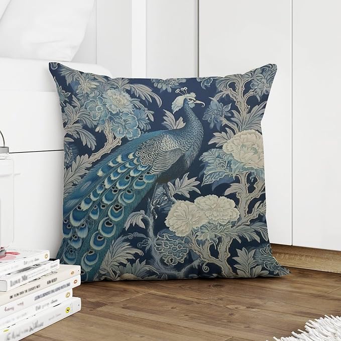 Blue Peacock Chinoiserie Cushion Cases Blue Grey Asian Flower Throw Pillow Cover Rustic Decorative Cushion Cases Home Decor for Sofa Patio Couch 26x26 in