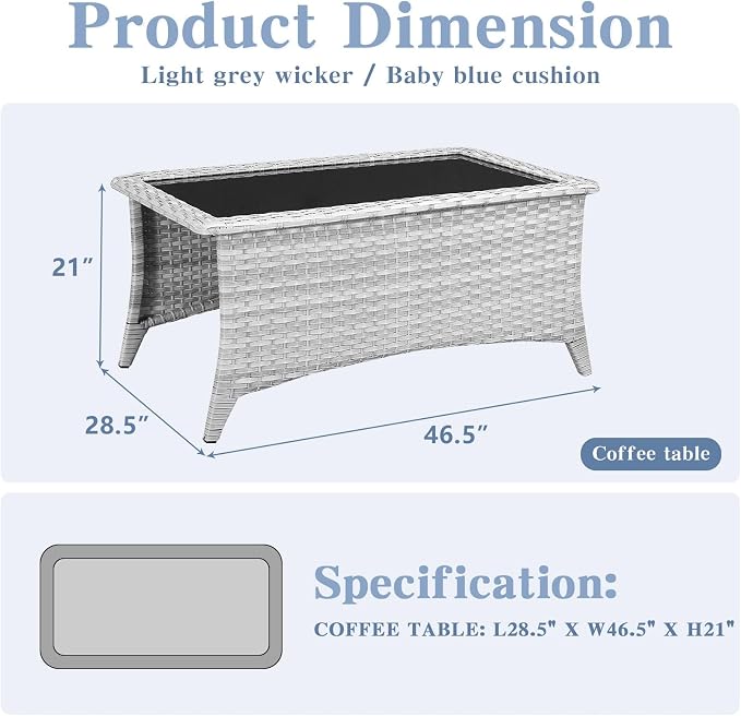 Belord Outdoor Coffee Table with Tempered Glass Top, Patio Rectangular Light Grey Wicker Table, Handwoven Rattan Coffee Table Compatible with Patio Furniture Sets for Porch Deck Backyard