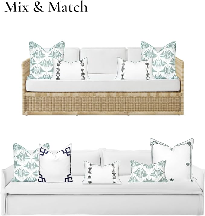 Hofdeco Premium Coastal Hampton Patio Indoor Outdoor Throw Pillow Cover Only, 20"x20" Water Repellent for Backyard, Couch, Poolside, Celadon Green Print Abstract Plam Leaves