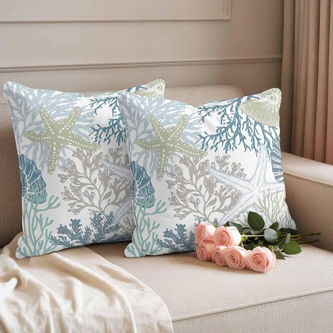 Blue Coral Coastal Waterproof Outdoor Pillow Covers 18''x18'' Set of 2, Starfish Conch Patio Furniture Summer Cushion Covers for Chairs, Decorative Beach Ocean Pillow Cases for Garden/Pool/Beach