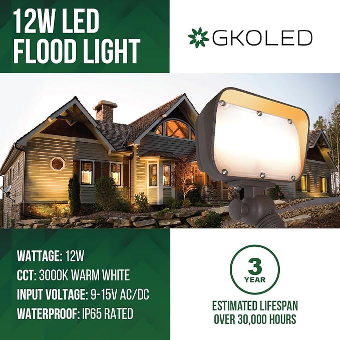 12W LED Flood Lights Outdoor, Aluminum Low Voltage Security Lights, Knuckle Mount Waterproof Wall Light, Landscape Lighting for Yard House Garden Garage, 9-15V, 800 Lumen, 3000K, Brown