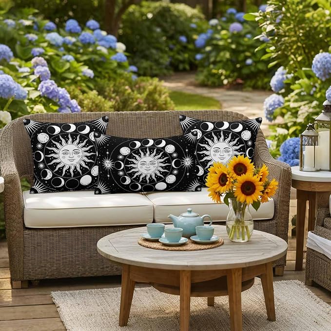 Celestial Sun and Moon Waterproof Outdoor Pillow Covers Set of 2 Home Decor, Black Starry Galaxy Boho Lumbar Pillowcase Patio Pillow Covers for Couch Bench Patio Furniture Garden 20x12in