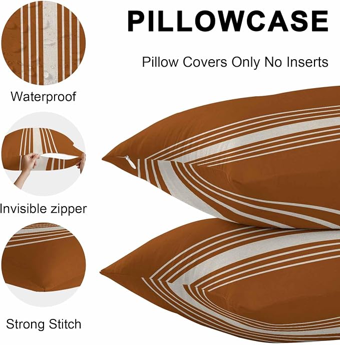 Burnt Orange Beige Striped Outdoor Pillow Covers 24x24 Inch Throw Pillow Covers Set of 2 Waterproof Decorative Pillow Cases Modern Farmhouse Retro Lines Cushion Covers for Patio Furniture Garden Couch