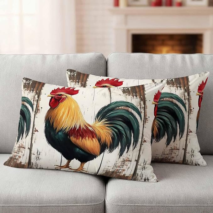 Vintage Rooster Outdoor Waterproof Throw Pillow Covers 20x12 Set of 2, Retro Farmhouse Rooster Watercolor Decorative Pillowcases Cushion Pillowcase for Couch Sofa Patio Outside Pillow Protector