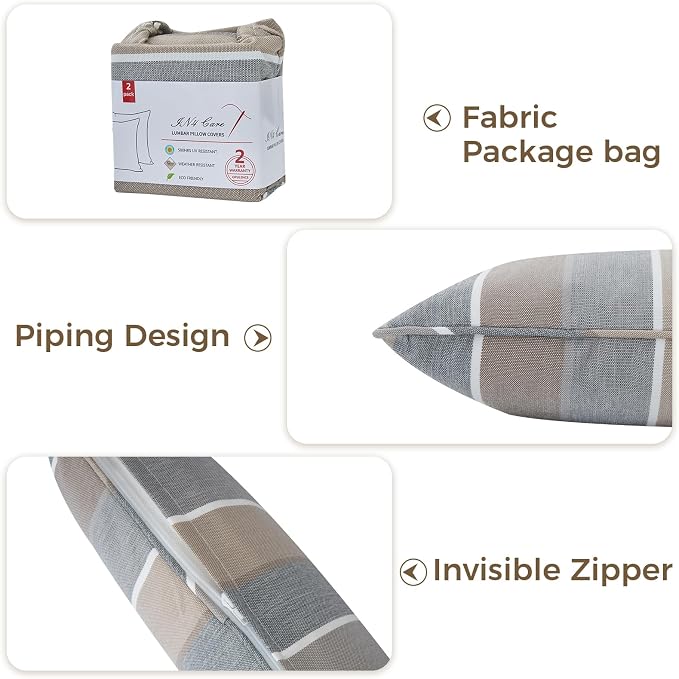 Lumbar Pillow Covers Set of 2, Outdoor Indoor Waterproof Patio Lumbar Pillowcase Shell 12x20 Inch, Rectangular Cushion Case for Couch Sofa Garden Farmhouse-Grey Stripe