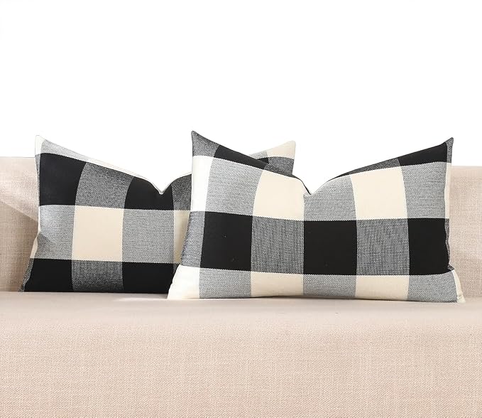 CARRIE HOME Black and White Lumbar Plaid Pillow Covers 12x20 Set of 2 Black Buffalo Check Pillow Covers 12 x 20 Outdoor Farmhouse Lumbar Throw Pillows for Couch, Sofa and Patio