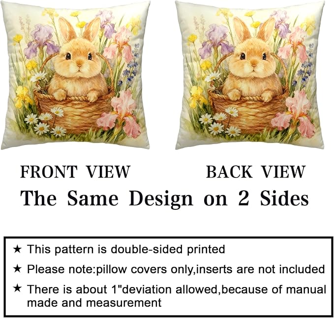 Easter Throw Pillow Covers Watercolor Lovely Bunny Pillow Covers 18x18 Spring Rabbit with Iris Daisy Floral Pillow Cases Happy Easter Farmhouse Cushion Cases for Home Sofa 2 Pack