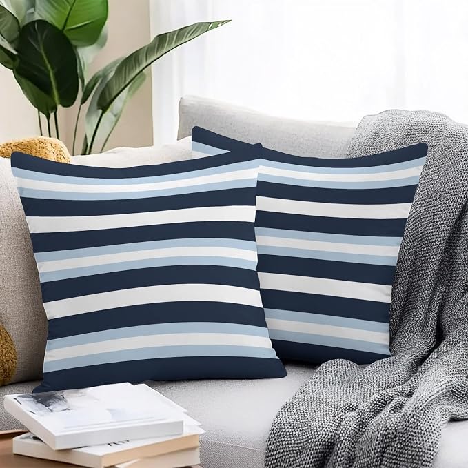 Blue Navy Striped Outdoor Pillow Covers Waterproof, All Weather Cushion Case Set of 2, Modern Ombre Abstract Lines Pattern Decorative Pillowcases for Sofa Couch Bed Decor Patio Furniture 16"x16"