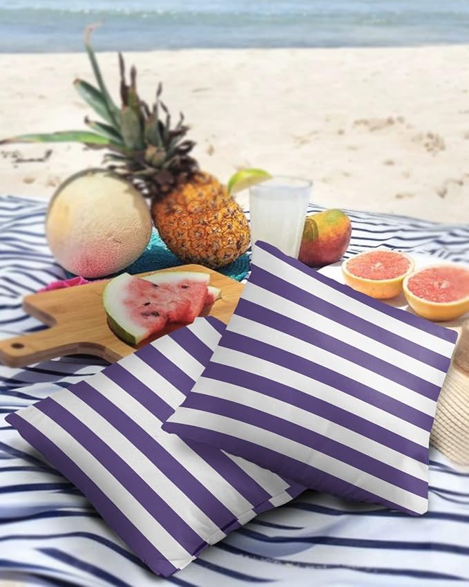 Outdoor Waterproof Pillow Covers for Patio Furniture Purple and White Stripes Decorative Throw Pillow Cover Solid Striped Pillowcases Set of 2 Cushion Case for Sofa Couch Chair 24 x 24 in
