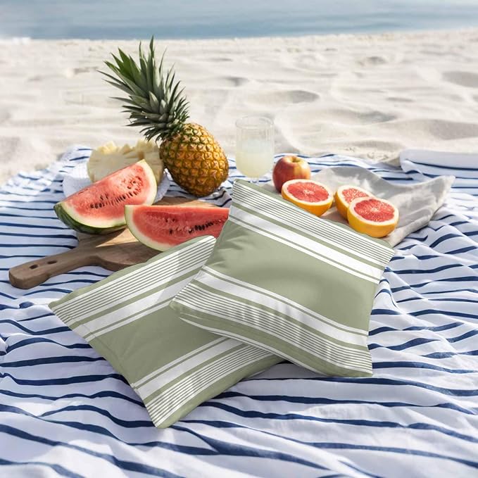 Vandarllin Outdoor Throw Pillows Covers 18x18 inch Set of 2 Waterproof Sage Green Stripes Decorative Zippered Cushion Covers for Patio Furniture, Striped Lines Lumbar Pillowcases