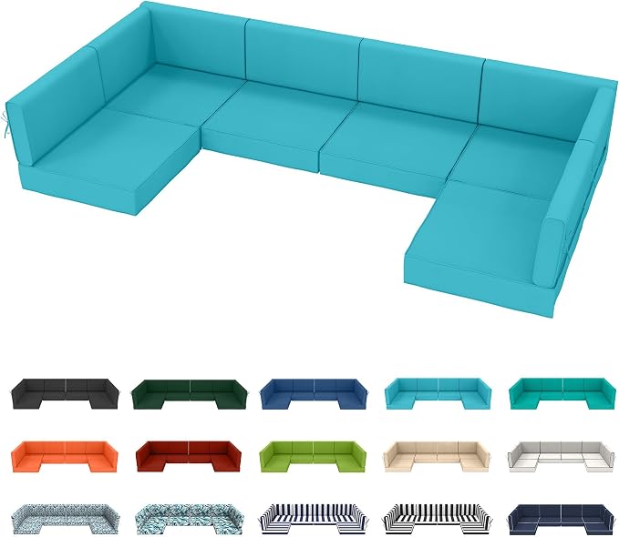 14pc Waterproof Outdoor Couch Cushions for 6 Seat Patio Lake Blue | Water-resistant, UV-resistant,14pc High-Density Foam Replacement Cushions for 6-Seat Outdoor Sectional Furniture