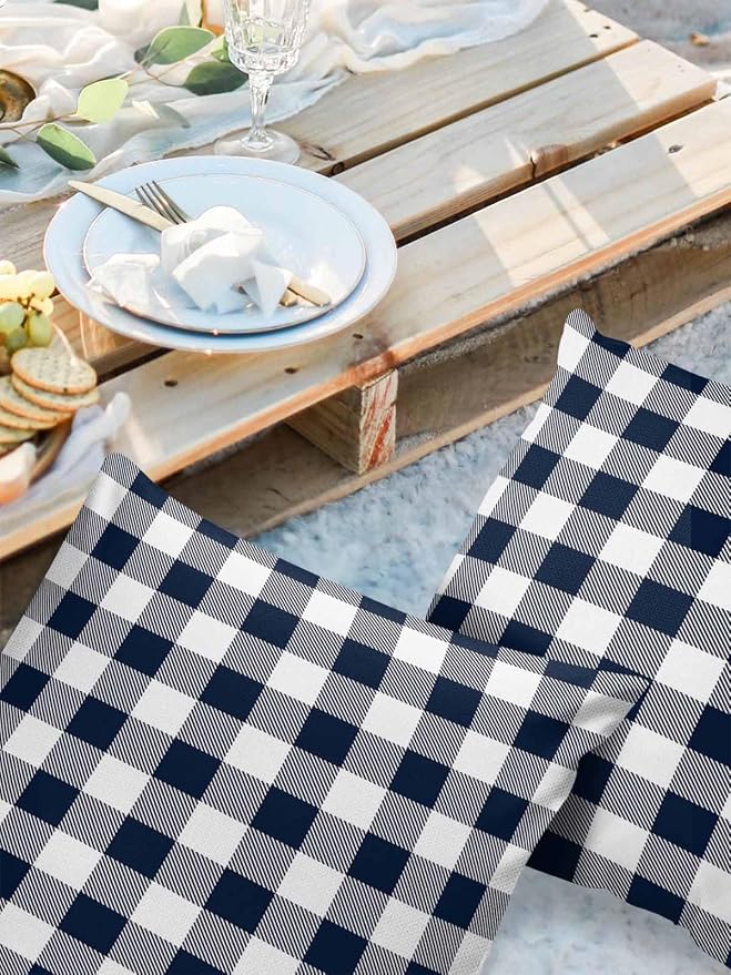 Outdoor Waterproof Throw Pillow Covers Set of 2 Buffalo Plaid Dark Blue Check Pillowcases 16x16 Inches Farmhouse Style Patio Decorative Pillows Cushion Case Patio Pillows for Couch Bed Chair Garden