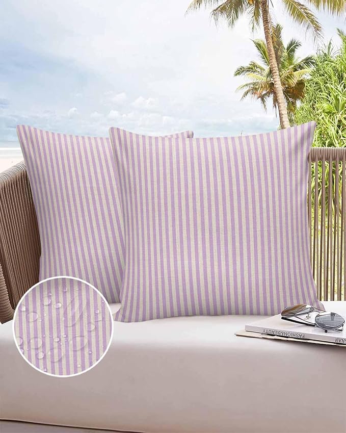 Outdoor Waterproof Throw Pillow Covers Set of 2 Purple Stripes Pillowcases 26x26 Inches Linen Classic Vertical Striped Patio Decorative Pillows Cushion Case Patio Pillows for Couch Bed Chair Garden