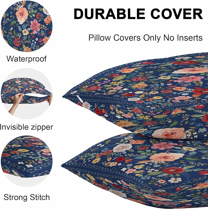 Vandarllin Outdoor Throw Pillows Covers 24x24 inch Set of 2 Waterproof Navy Blue Floral Decorative Zippered Cushion Covers for Patio Furniture, Farmhouse Vintage Flower Lumbar Pillowcases