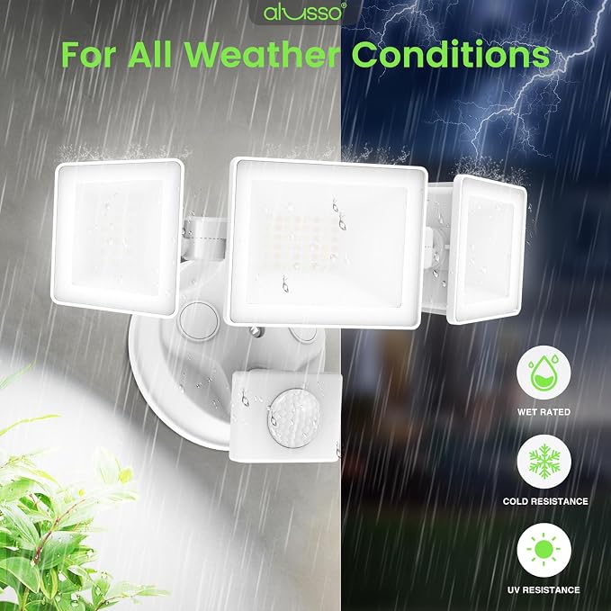 ALUSSO LED Security Lights Motion Sensor,120V 36W 3000LM Flood Lights Outdoor Motion Sensor with Remote, Dimmable Brightness 3000K-6000K IP65 3 Heads Outdoor Security Light for Garage Yard,White