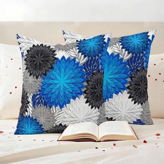 Blue Black Grey Flowers Outdoor Pillow Covers Waterproof, All Weather Cushion Case Set of 2, Boho Colorful Floral Plant Decorative Pillowcases for Sofa Couch Bed Decor Patio Furniture 20"x20"