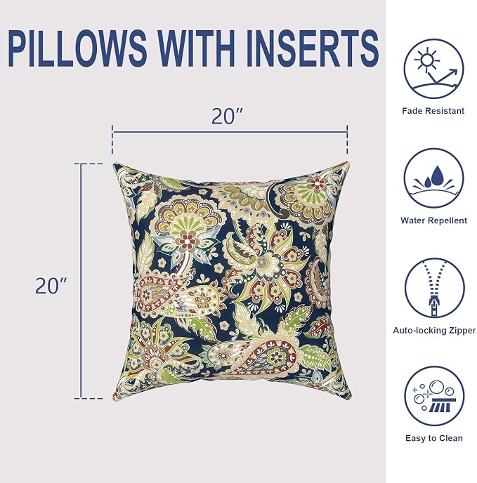 Outdoor 20x20 Inch Throw Pillows with Inners, Square Pillows Decorative Set of 2 for Home Garden Furniture, Paisley Sapphire Blue