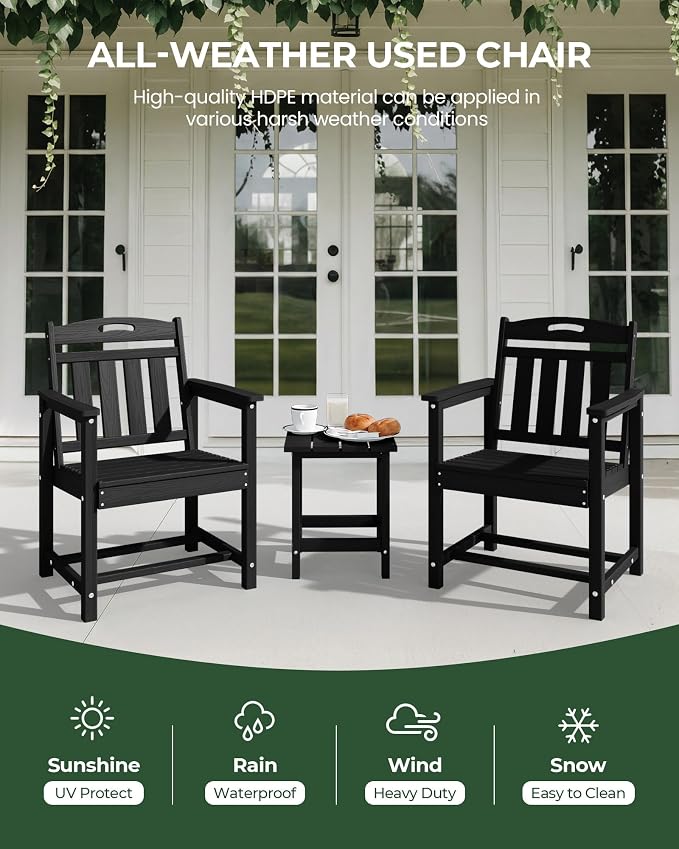 Set of 2 Weatherproof Patio Chairs - HDPE Outdoor Dining Chairs with Wide Seat, Ergonomic Design - for Garden, Backyard, Deck - Black