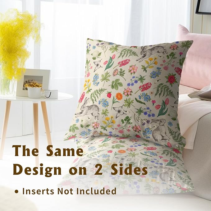Spring Easter Throw Pillow Covers - Flower Sage Green Leaves Vintage Botanical Plants Pillow Cases Decorative for Rabbit Decor Couch Sofa Bedroom Living Room 20x20 Inch Set of 2
