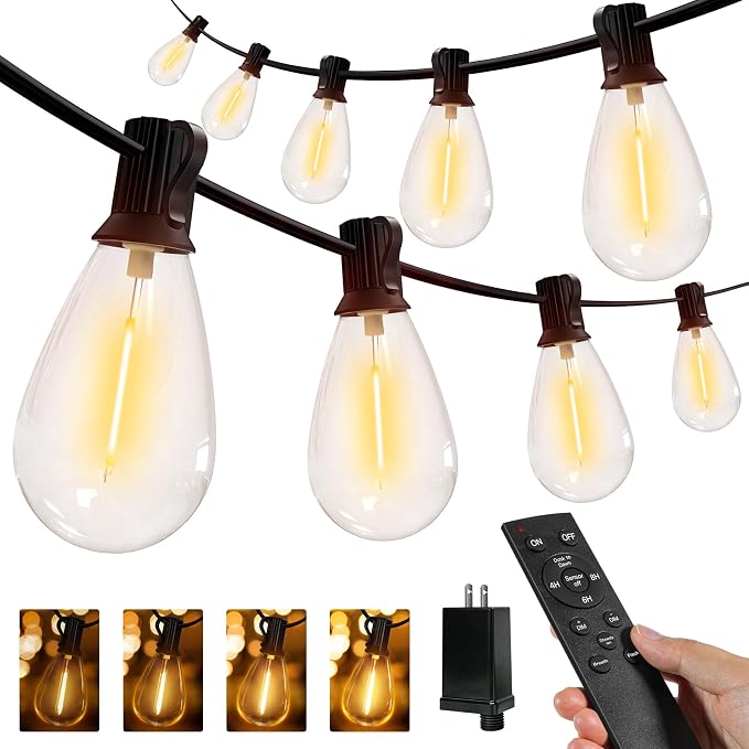 Ollny S11 100FT Outdoor String Lights with Remote, Plug in Waterproof Connectable 3 Modes Dimmable Timers Patio Lights with 48+2 LED Spare Bulbs, Dusk to Dawn Outdoor Light for Outside Bistro Yard