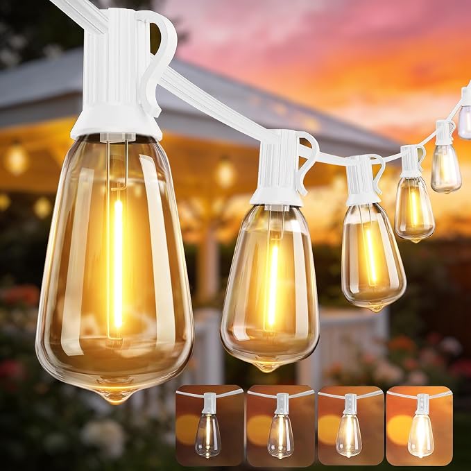 Outdoor String Lights White 50FT Waterproof Patio Lighting for Bistro Cafe | 50FT Connectable White Outdoor Lights, 27 Plastic Dimmable Edison Bulbs for Wedding Porch Garden Gazebo Balcony Deck Yard