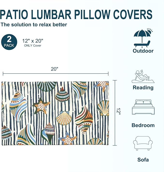 DYTXIII Pack of 2 Outdoor Waterproof Lumbar Pillow Covers ONLY, 12x20 Rectangle Decorative Double Printed Pillow Cases for Patio Couch Porch Furniture - Crayon Shells