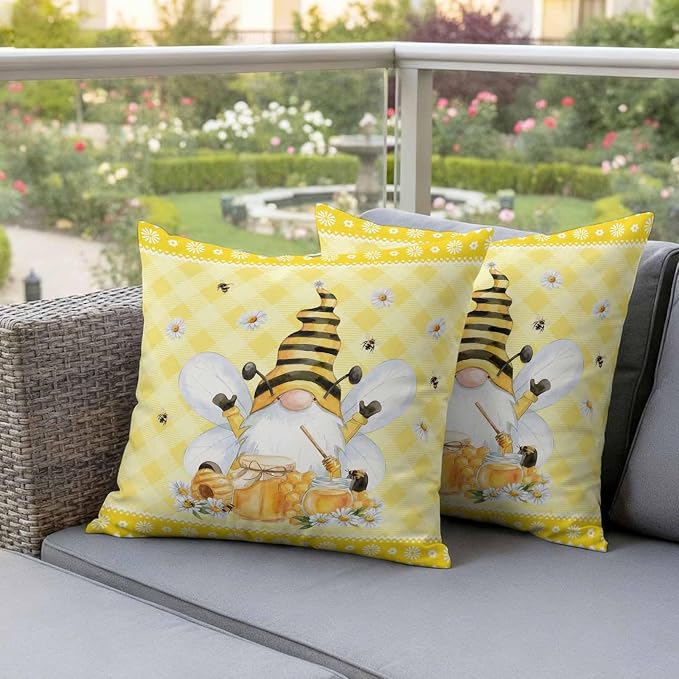 Yukro Honey Gnome Outdoor Waterproof Pillow Covers Pack of 2, Watercolor Honey Bees Floral Yellow Plaid Decorative Throw Pillowcases Cushion Covers for Garden Patio Tent Sofa Couch, 24x24 inch