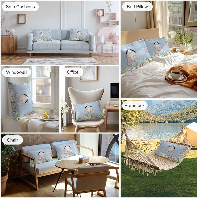 Vandarllin Outdoor Throw Pillows Covers 12X20 Set of 2 Waterproof Bunny Butt Easter Eggs Decorative Zippered Lumbar Cushion Covers for Patio Furniture, Spring Flower Wood Grain