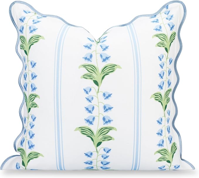 Hofdeco Premium Grandmillennial Coastal Hampton Patio Indoor Outdoor Throw Pillow Cover Only, 20"x20" Water Repellent for Backyard, Couch, Poolside, Blue Green Print Striped Lily of the Valley