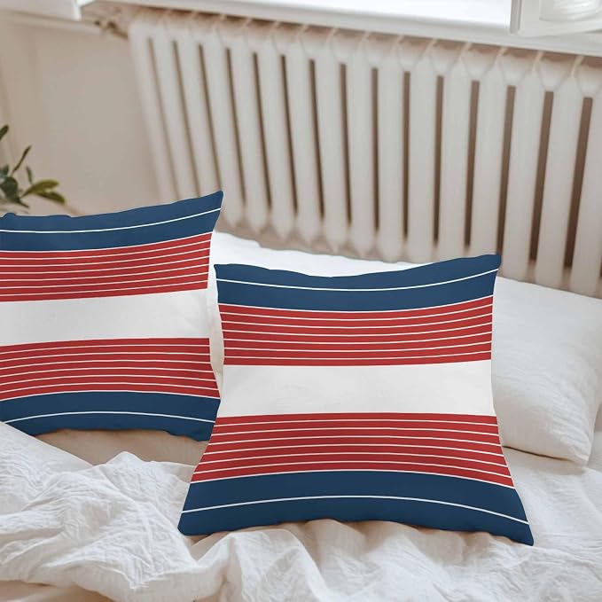 Navy Blue Red Stripe Outdoor Pillow Covers Waterproof, All Weather Cushion Case Set of 2, Modern Art Horizontal Striped Decorative Pillowcases for Sofa Couch Bed Decor Patio Furniture 16"x16"
