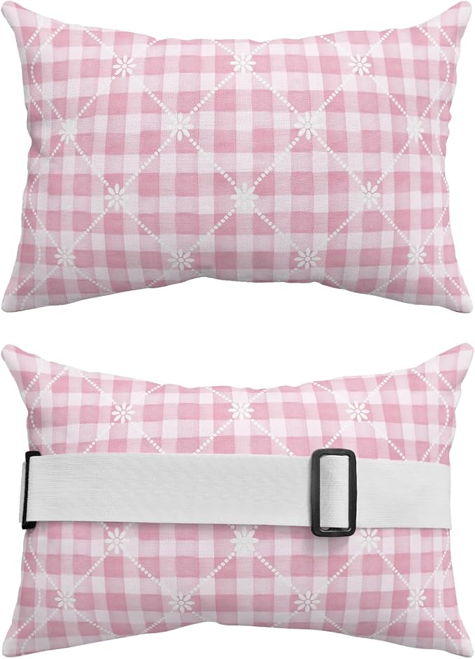 Pink Plaid Flower White Lattice Chaise Lounge Head Pillow, 2 Pack Outdoor Recliner Pillow with Insert&Adjustable Elastic Strap, Romantic Waterproof Throw Pillows for Patio Beach Chair