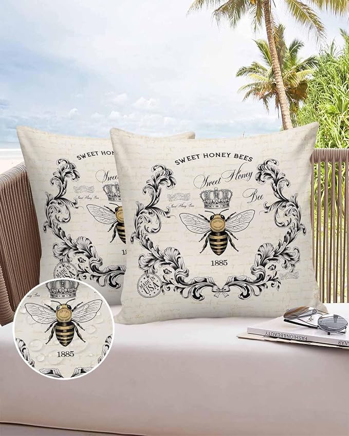 Vandarllin Outdoor Throw Pillows Covers 16x16 inch Set of 2 Waterproof Sweet Honey Bees Decorative Zippered Cushion Covers for Patio Furniture, Floral Crown Wreath Vintage Lumbar Pillowcases