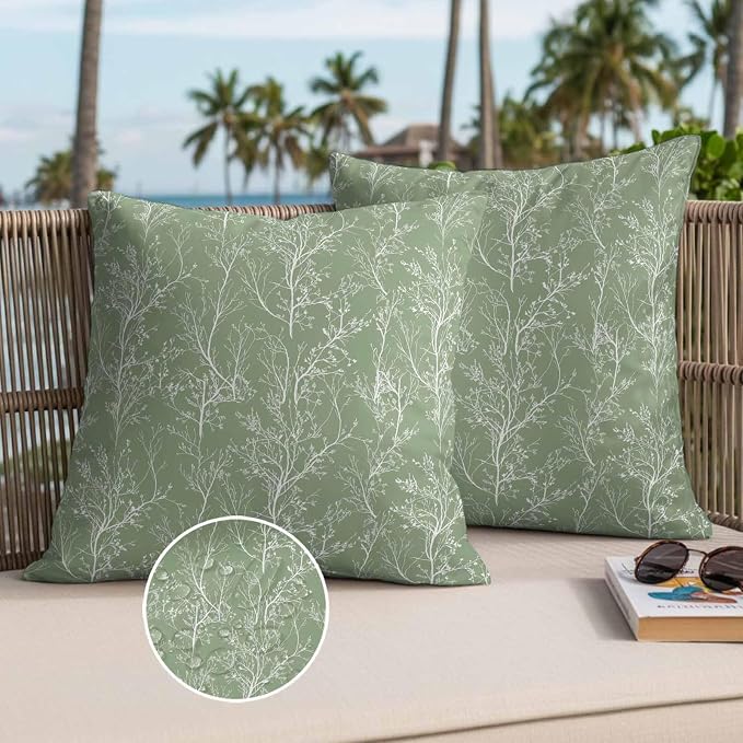Sage Green Branches Waterproof Outdoor Pillow Covers Set of 2 Home Decor, Abstract Art Leaves Plant Pillowcase Patio Pillow Covers for Couch Bench Patio Furniture Garden 26x26in