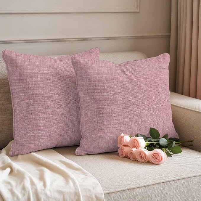 Outdoor Waterproof Throw Pillow Covers Set of 2 Pink Linen Pillowcases 16x16 Inches Farmhouse Pure Color Decorative Pillows Cushion Case Patio Pillows for Couch Bed Chair Garden