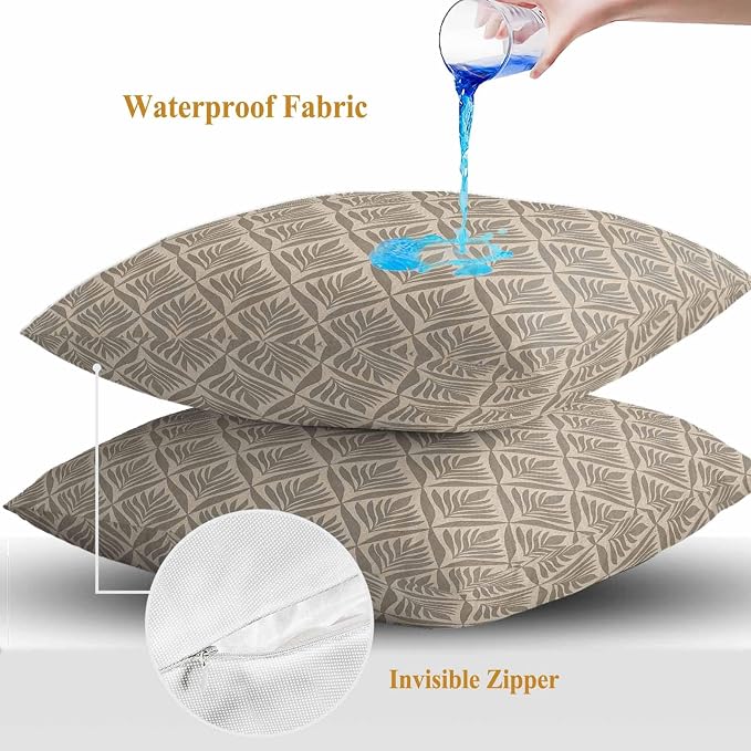 Retro Brown Outdoor Waterproof Throw Pillow Covers Set of 2, 16"x16", Floral Modern Abstract Geometric Decorative Pillow Covers Outside Cushion Case for Patio Porch Garden