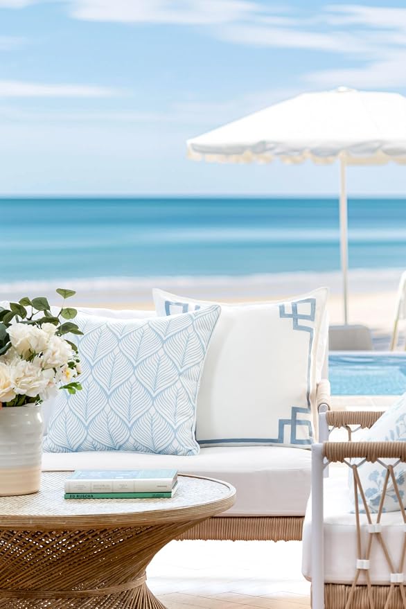 Hofdeco Premium Coastal Patio Indoor Outdoor Throw Pillow Cover Only, 20"x20" Water Repellent for Backyard, Couch, Baby Blue Print Geometric Leafs