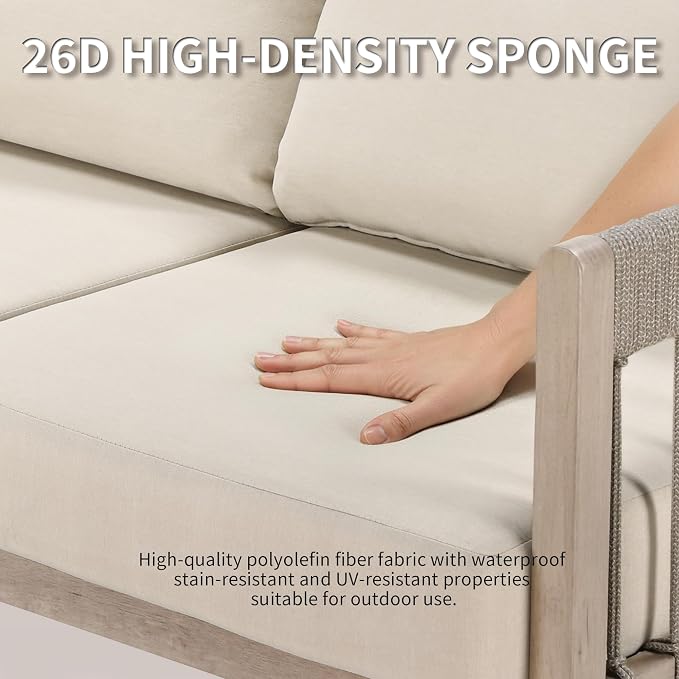 3-Seater Outdoor Sofa, Never-Rust Aluminum Patio Couch with Hand-Woven Rope Armrests & Extra Thick Cushions, Faux Wood Grain Finish Modern Outdoor Furniture Set for Balcony, Deck, Porch