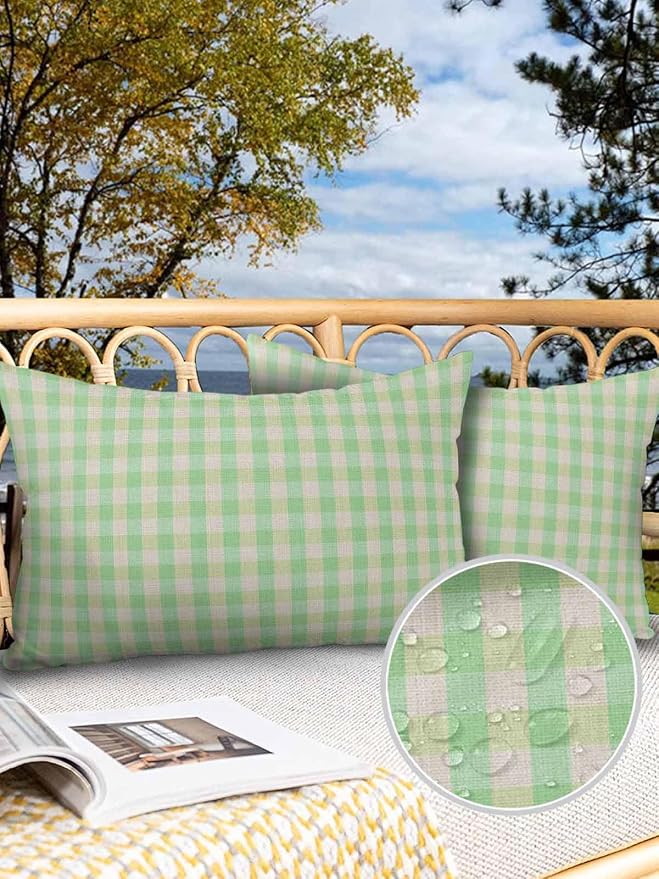 Outdoor Waterproof Throw Pillow Covers Set of 2 Green Buffalo Plaid Lumbar Pillowcases 20x12 Inches Linen Classic Checked Patio Decorative Pillows Cushion Case Patio Pillows for Couch Bed Chair Garden