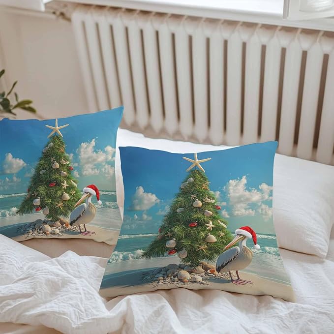 Christmas Outdoor Throw Pillows Covers 20x20 inch Set of 2 Waterproof Christmas Tree Decorative Zippered Cushion Covers for Patio Furniture, Pelican Starfish Shell Beach Wave Lumbar Pillowcases