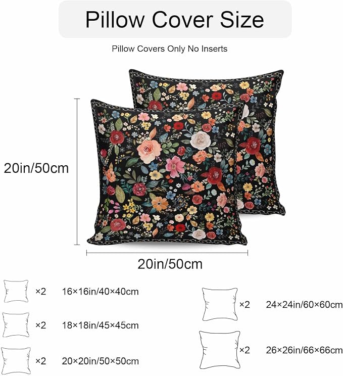 Vandarllin Outdoor Throw Pillows Covers 20x20 inch Set of 2 Waterproof Black Floral Decorative Zippered Cushion Covers for Patio Furniture, Farmhouse Vintage Flower Lumbar Pillowcases