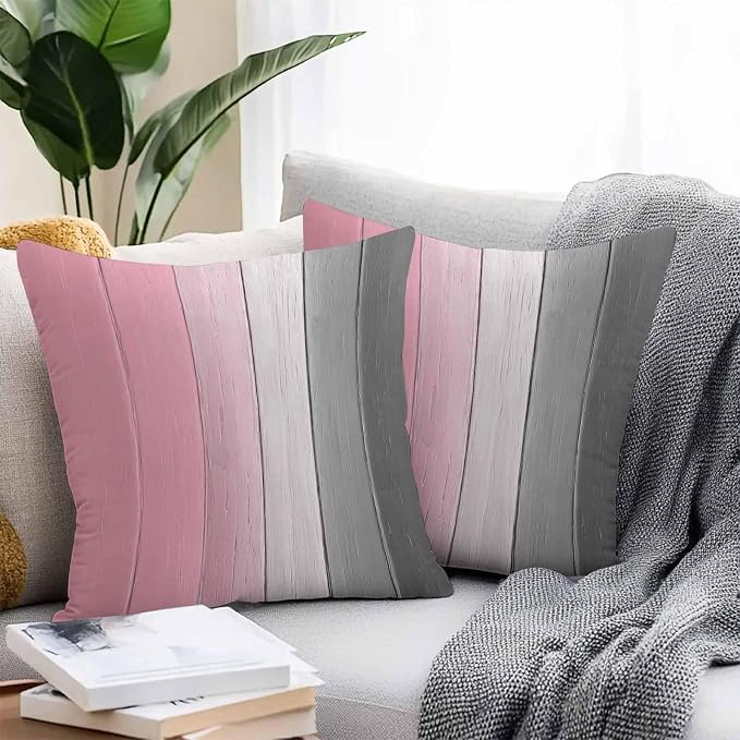 Throw Pillow Covers 24x24 Inch Set of 2, Pink Gray Ombre Waterproof Outdoor Cushion Covers, Vintage Country Wooden Decorative Pillowcases for Couch, Sofa, Bed, Garden, Patio