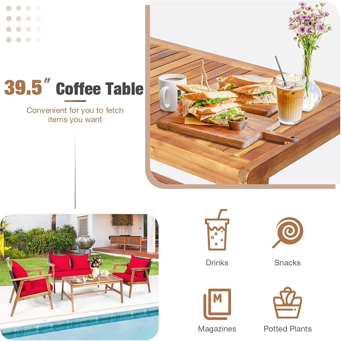 HAPPYGRILL 4PCS Outdoor Rattan Sofa Set Acacia Wood Frame Conversation Set with Coffee Table, Sectional Furniture Set with Cushions for Backyard Porch Garden Poolside Balcony